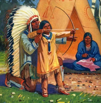 狩猟 Painting - ネイティブ アメリカンの男性が息子に弓矢の使い方を教えるインディアン コーサー